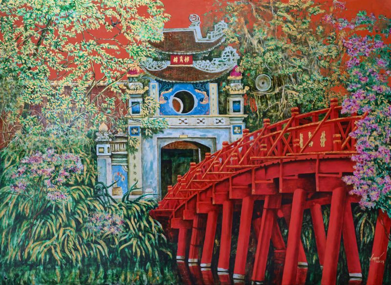 Cầu Thê Húc tranh sơn mài phong cảnh họa sĩ Nguyễn Văn Nghĩa