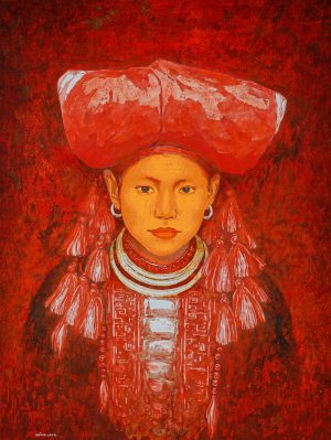 Chân Dung Thiếu Nữ Dao Đỏ VIII - Tranh Sơn Mài Nghệ Thuật Của Họa Sĩ Hoàng Hoàn