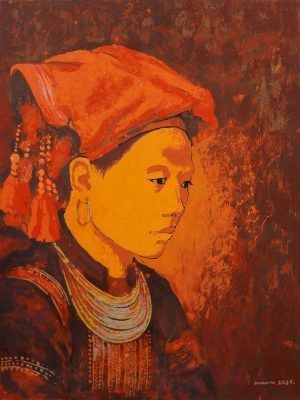Chân Dung Thiếu Nữ Dao Đỏ I - Tranh sơn mài nghệ thuật bởi họa sĩ Hoàng Hoàn