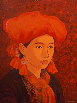 Chân Dung Thiếu Nữ Dao Đỏ III - Tranh sơn mài nghệ thuật bởi họa sĩ Hoàng Hoàn