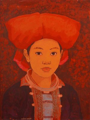 Chân Dung Thiếu Nữ Dao Đỏ IV - Tranh sơn mài nghệ thuật bởi họa sĩ Hoàng Hoàn