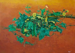 Giàn Mướp III - Tranh Sơn Mài của Họa Sĩ Nguyễn Văn Nghĩa