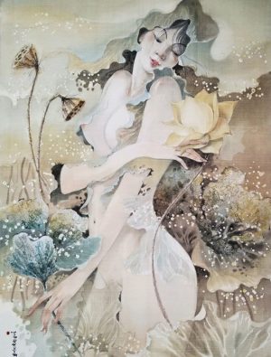 Nàng Sen VI - Tranh Màu Nước Trên Lụa của Họa Sĩ Phan Niệm