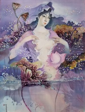 Nàng Sen VIII - Tranh Màu Nước Trên Lụa của Họa Sĩ Phan Niệm