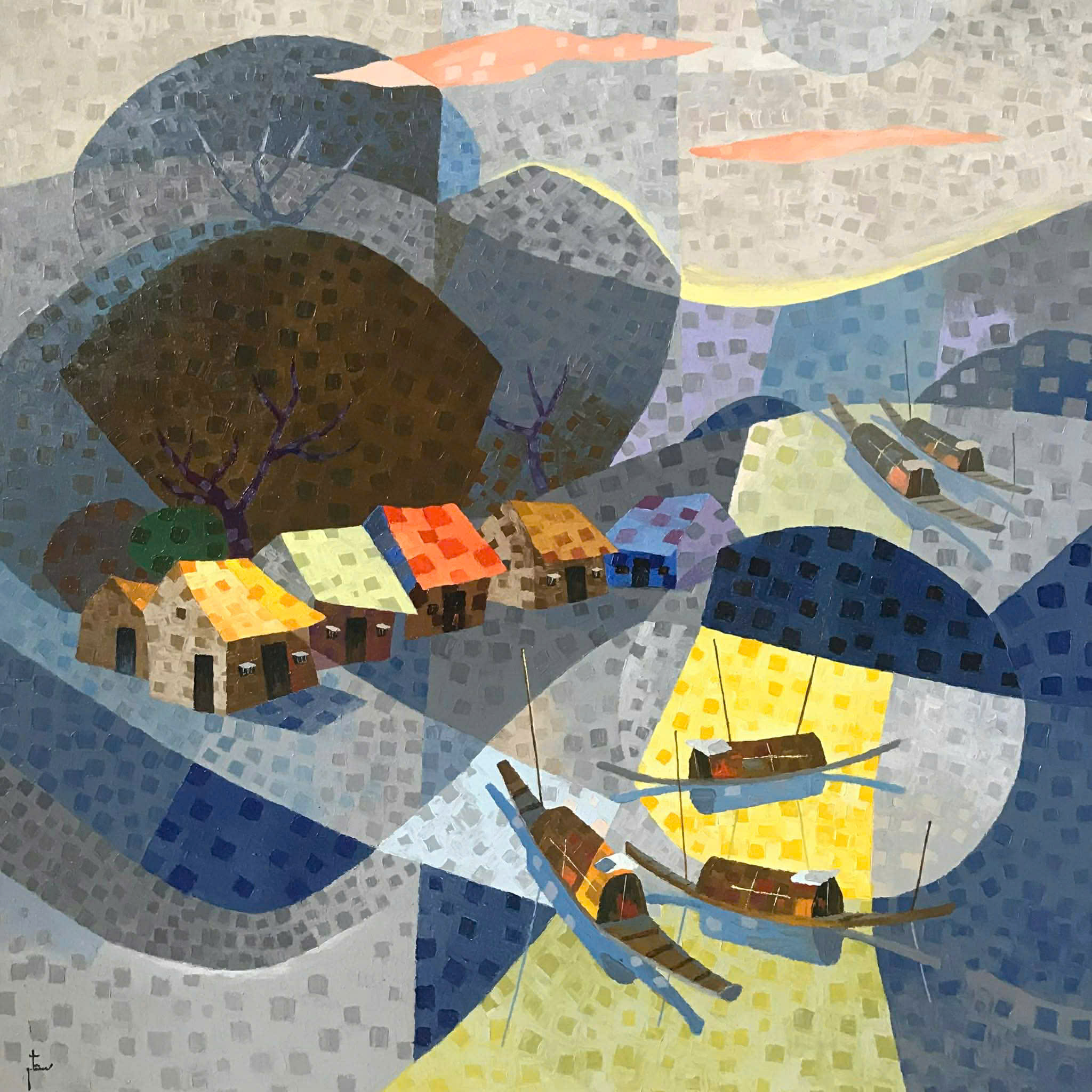 Nhà Bên Sông II - Tranh Sơn Dầu Nghệ Thuật Của Họa Sĩ Nguyễn Quý Tâm