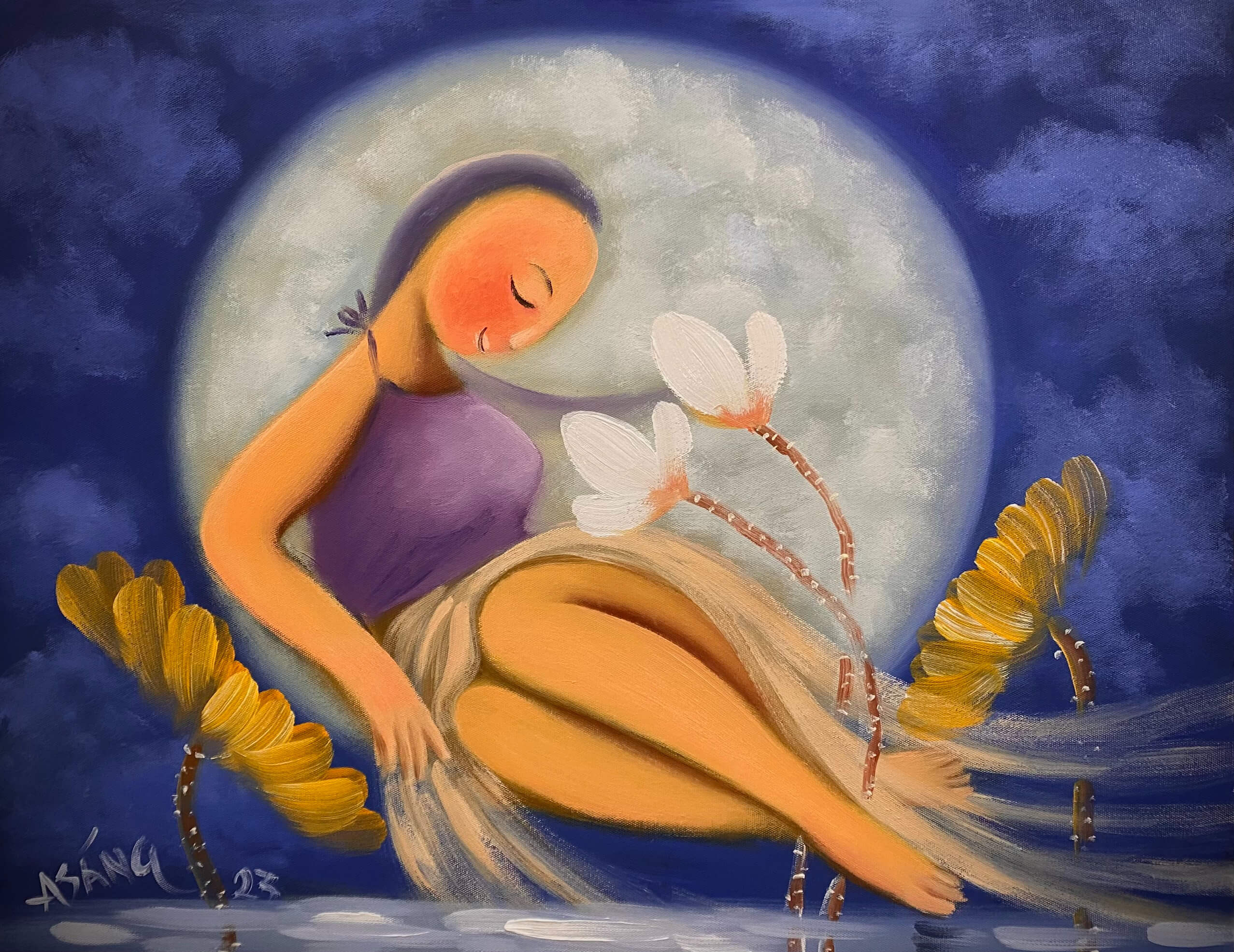 Thiếu nữ chơi trăng tranh sơn dầu họa sĩ Hoàng A sáng
