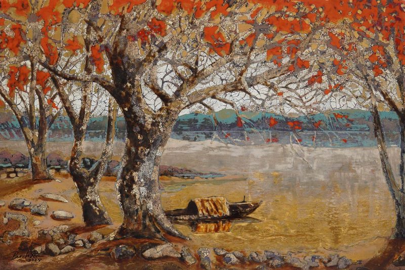 Bến đò xưa - Tranh sơn mài nghệ thuật của họa sĩ Nguyễn Bỉnh Sơn