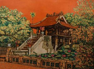 Chùa Một Cột - Tranh Sơn Mài của Họa Sĩ Nguyễn Văn Nghĩa