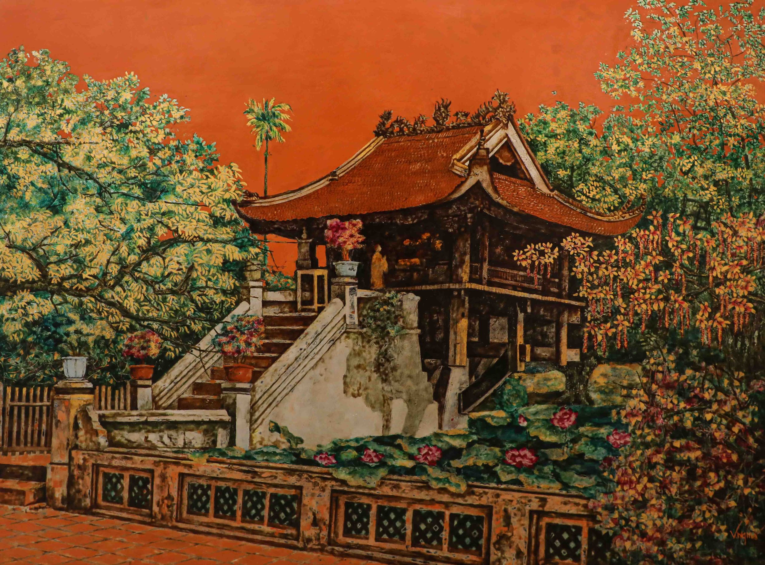 Chùa Một Cột - Tranh Sơn Mài của Họa Sĩ Nguyễn Văn Nghĩa